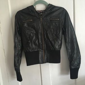 Forever 21 Bomber Pleather Hooded Black Jacket